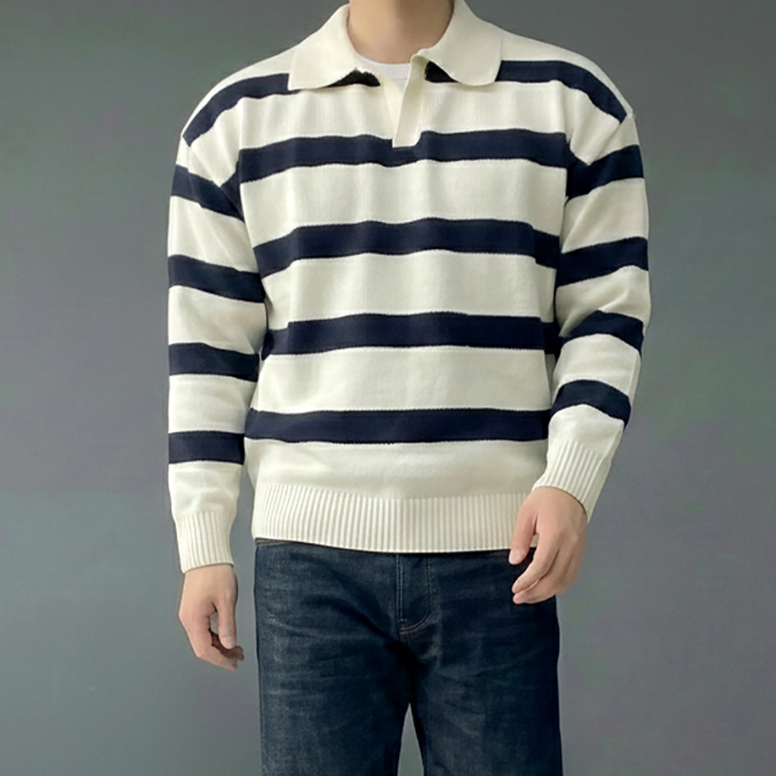 남자 크롭 단가라 스트라이프 카라 긴팔 니트