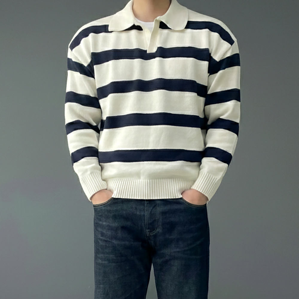 남자 크롭 단가라 스트라이프 카라 긴팔 니트