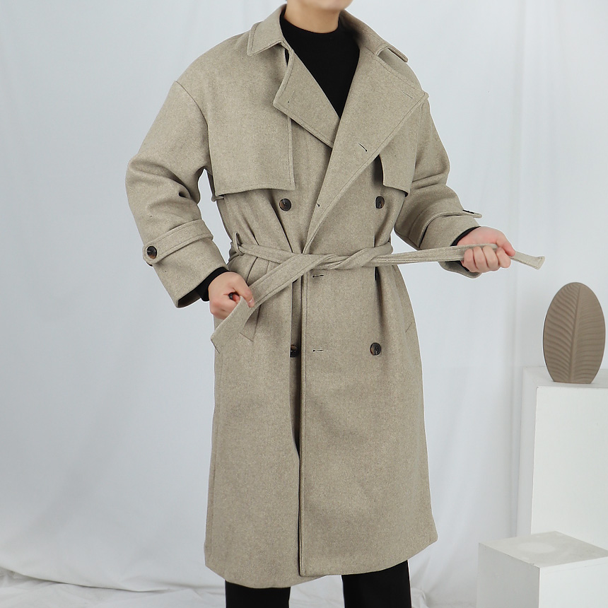남자 아이보리 트렌치 울 로브 코트