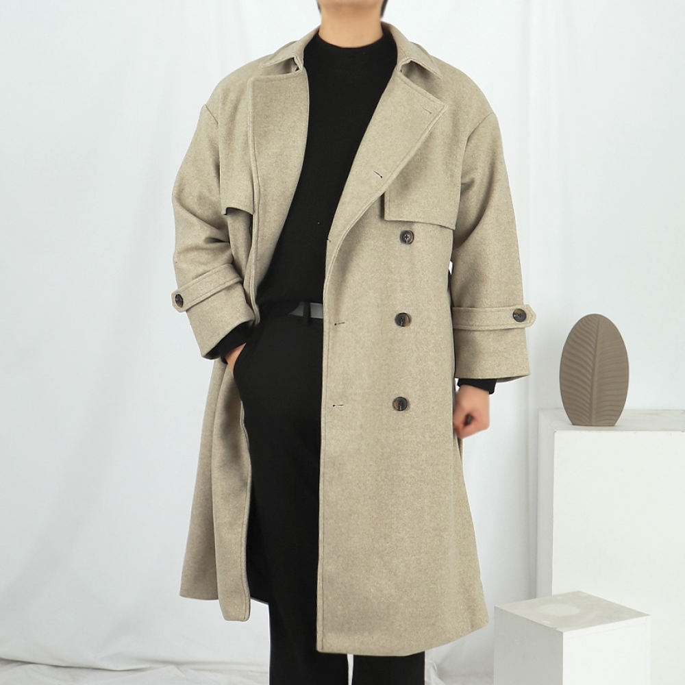 남자 아이보리 트렌치 울 로브 코트