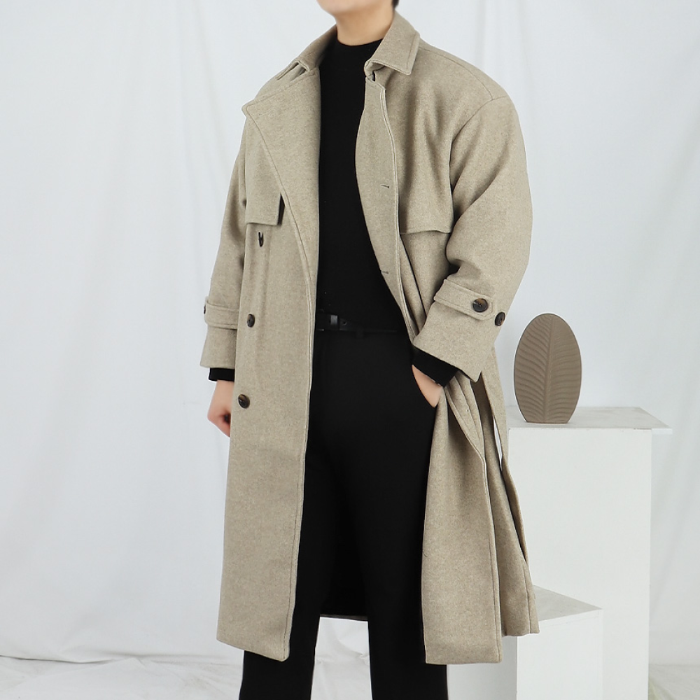 남자 아이보리 트렌치 울 로브 코트