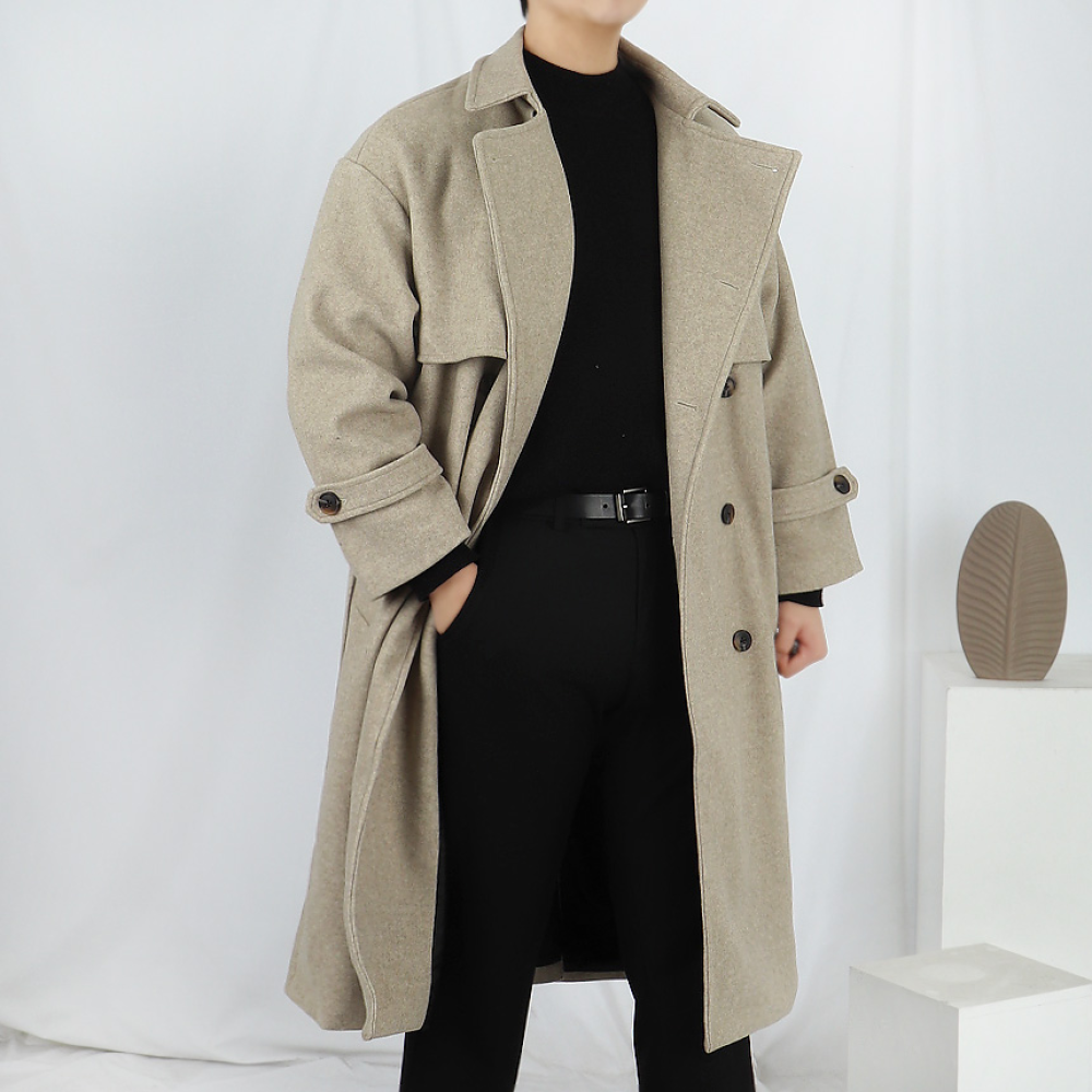 남자 아이보리 트렌치 울 로브 코트