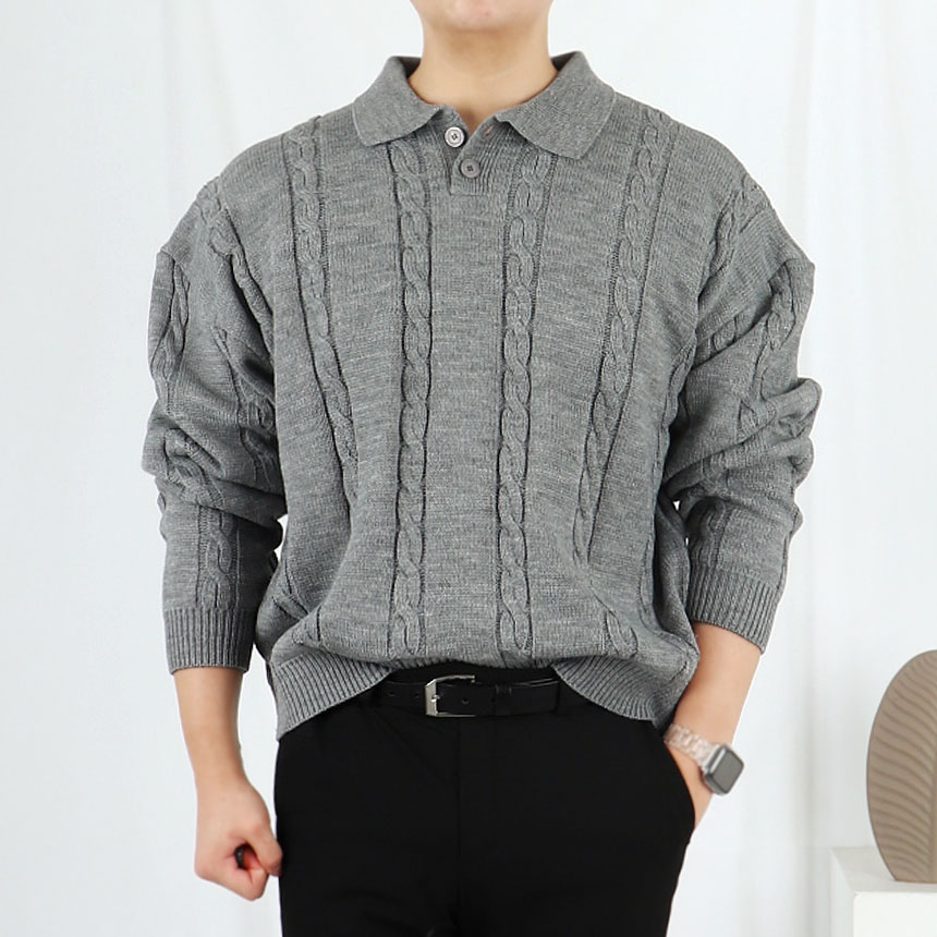 남자 케이블 워셔블 카라 꽈배기 니트