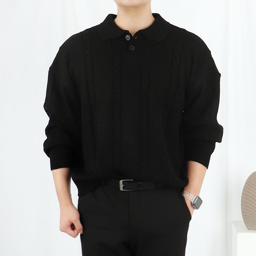 남자 케이블 워셔블 카라 꽈배기 니트