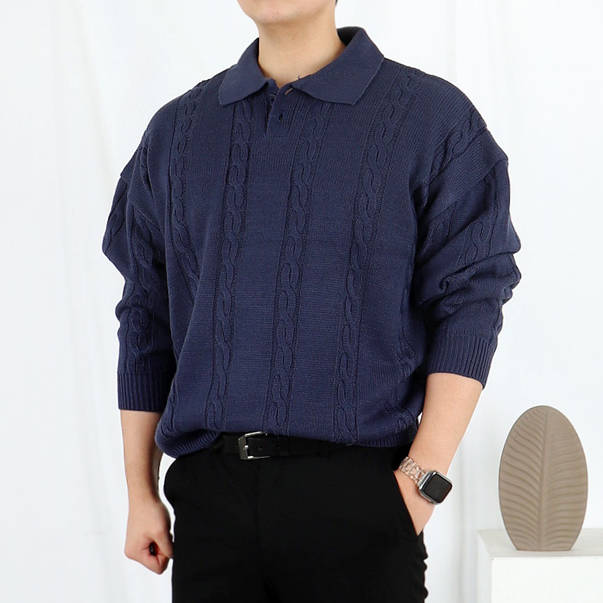 남자 케이블 워셔블 카라 꽈배기 니트