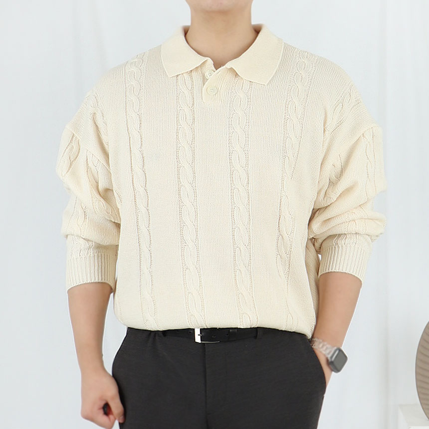 남자 케이블 워셔블 카라 꽈배기 니트