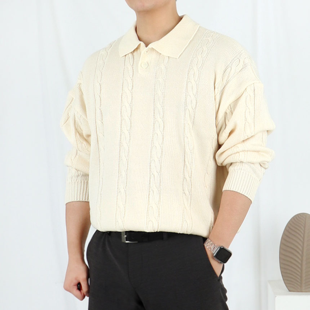 남자 케이블 워셔블 카라 꽈배기 니트