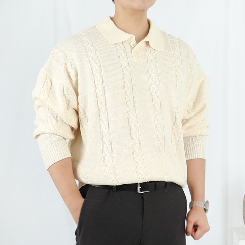 남자 케이블 워셔블 카라 꽈배기 니트