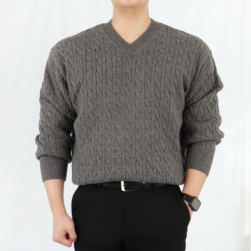 남자 워셔블 브이넥 케이블 니트