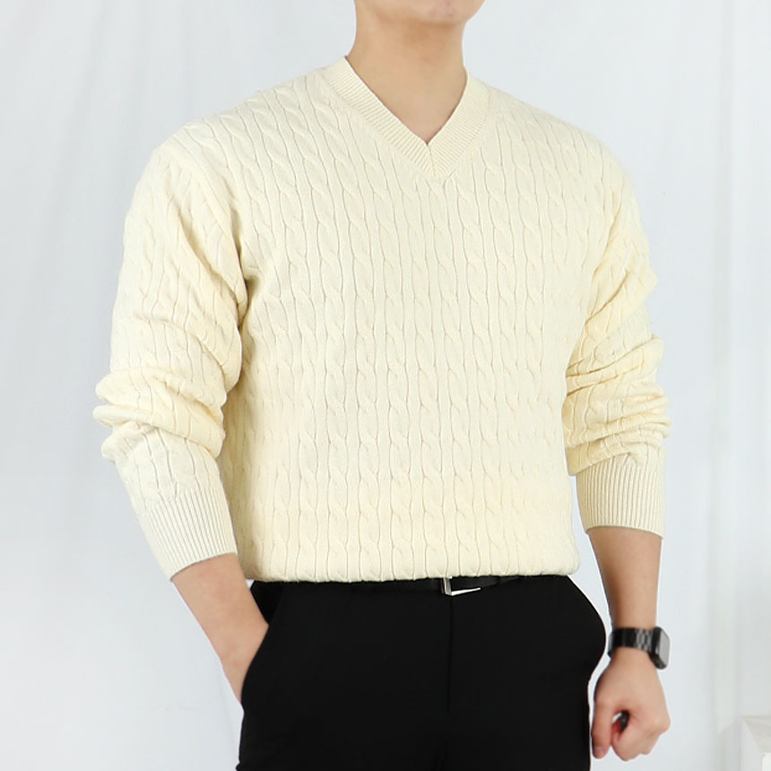 남자 워셔블 브이넥 케이블 니트