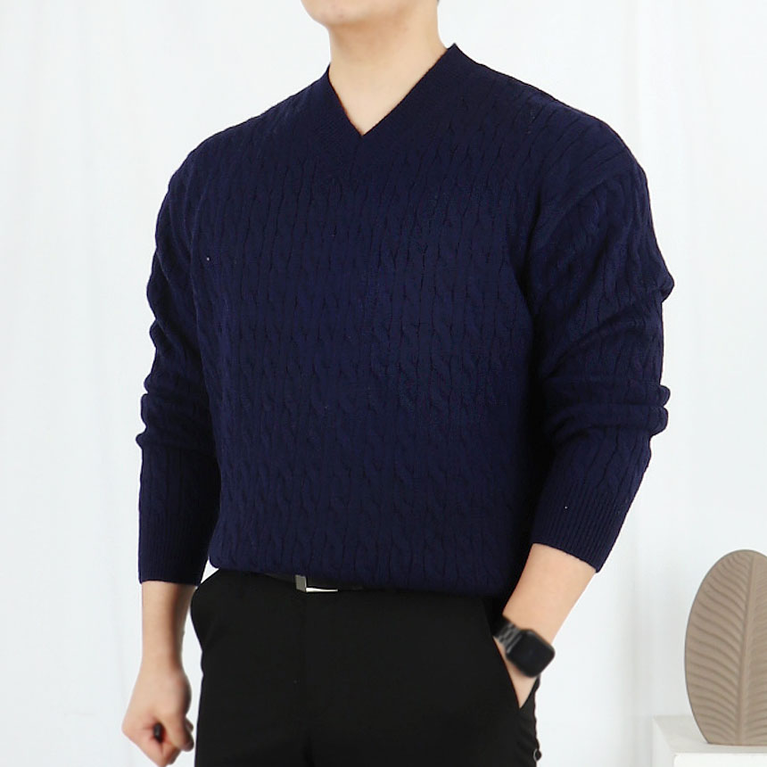 남자 워셔블 브이넥 케이블 니트