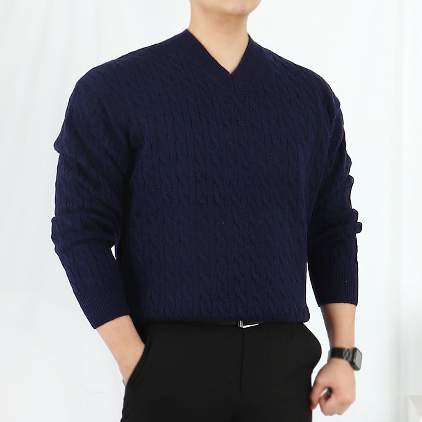 남자 워셔블 브이넥 케이블 니트
