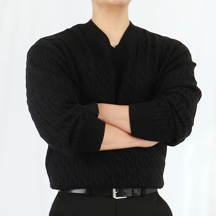 남자 워셔블 브이넥 케이블 니트