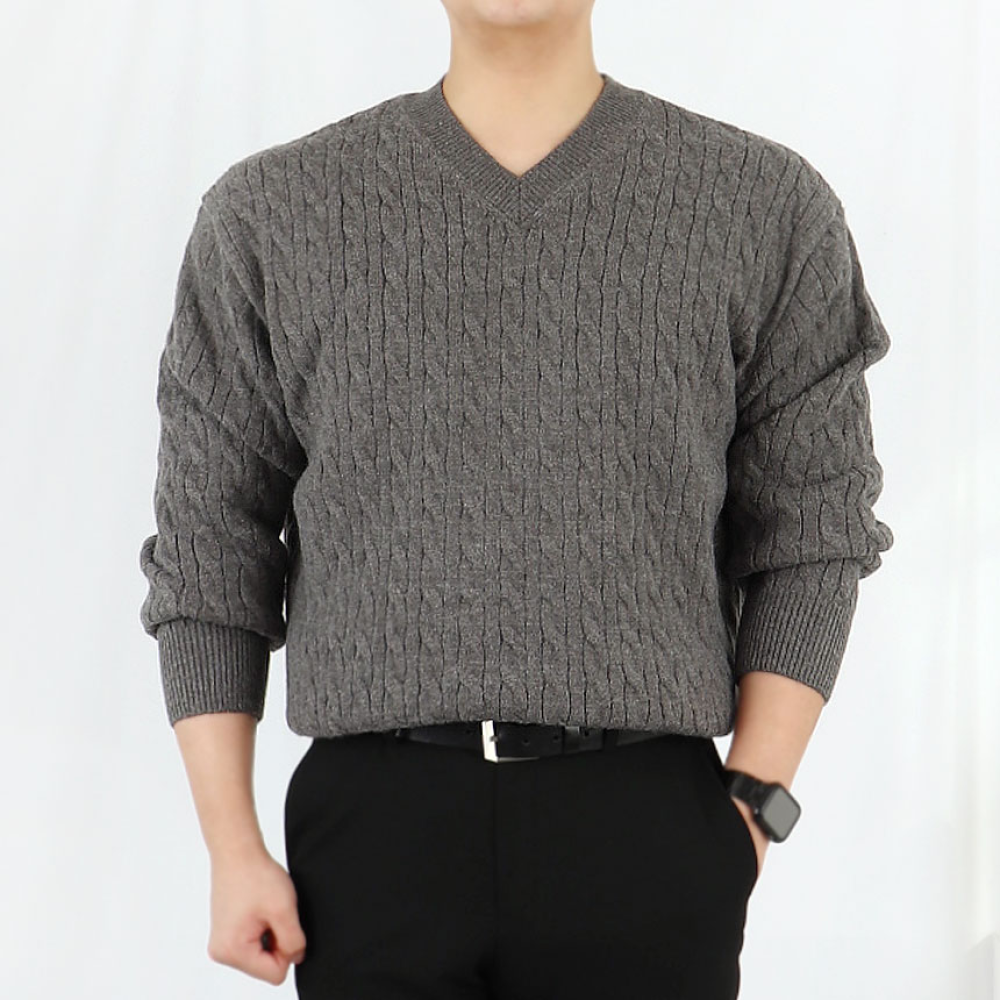 남자 워셔블 브이넥 케이블 니트