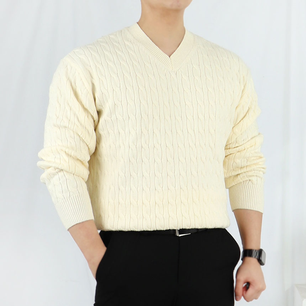 남자 워셔블 브이넥 케이블 니트