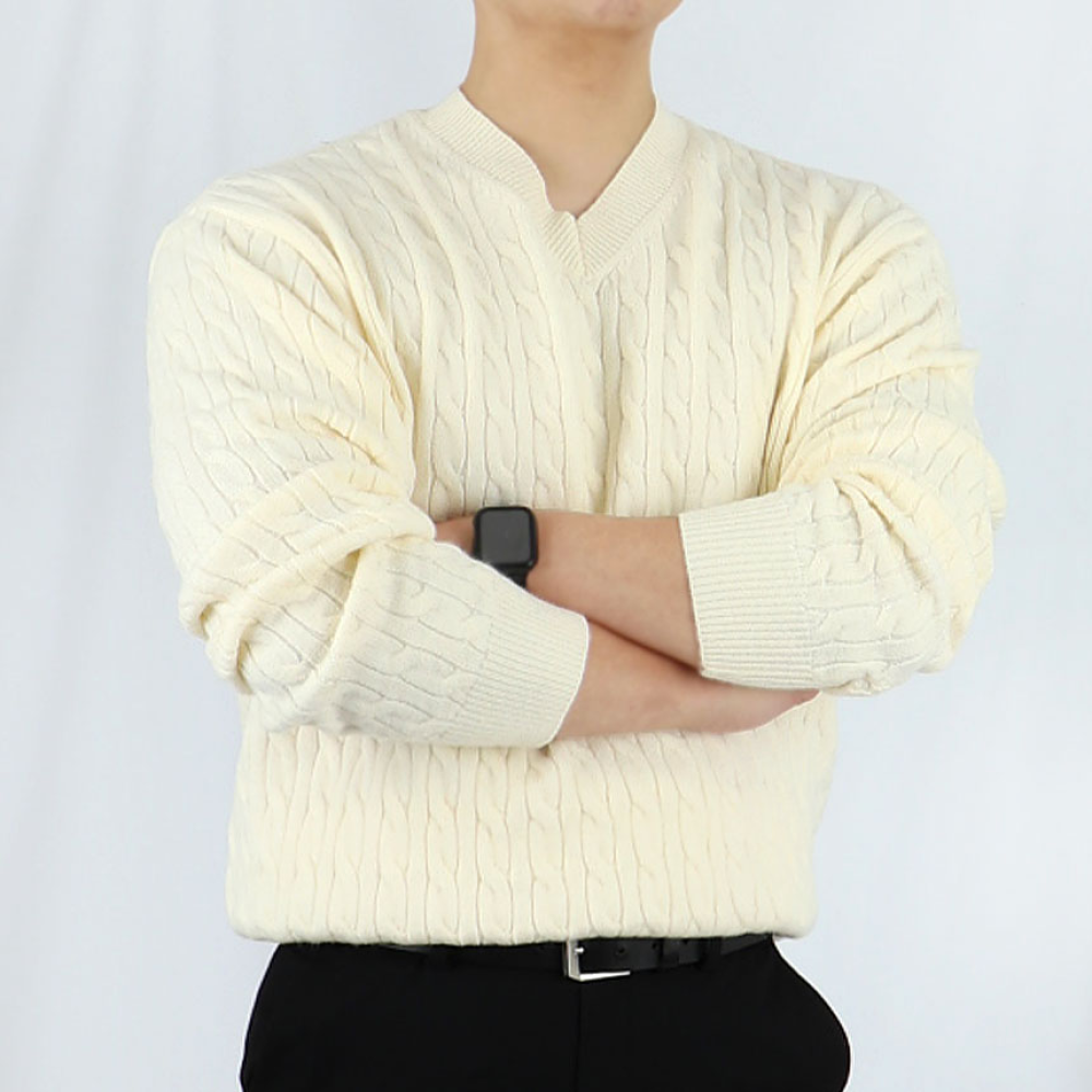 남자 워셔블 브이넥 케이블 니트