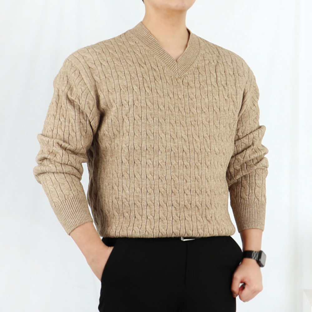 남자 워셔블 브이넥 케이블 니트