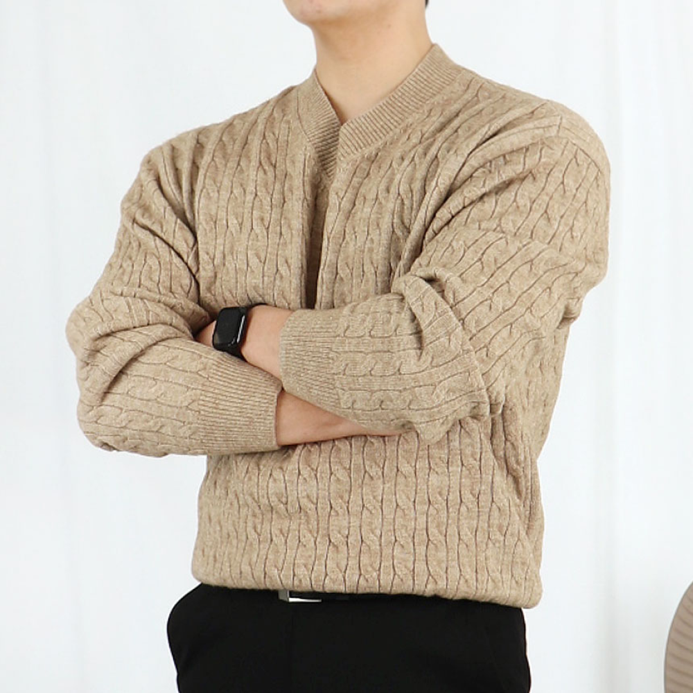 남자 워셔블 브이넥 케이블 니트