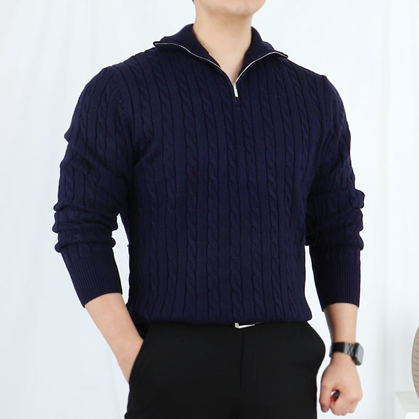 남자 반집업 꽈배기 목폴라 니트