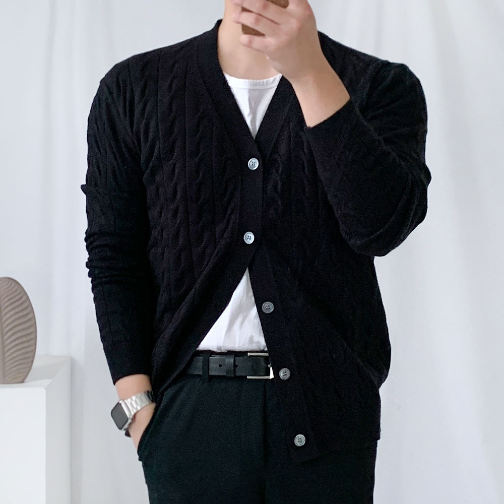 남자 올드머니룩 꽈배기 브이넥 가디건
