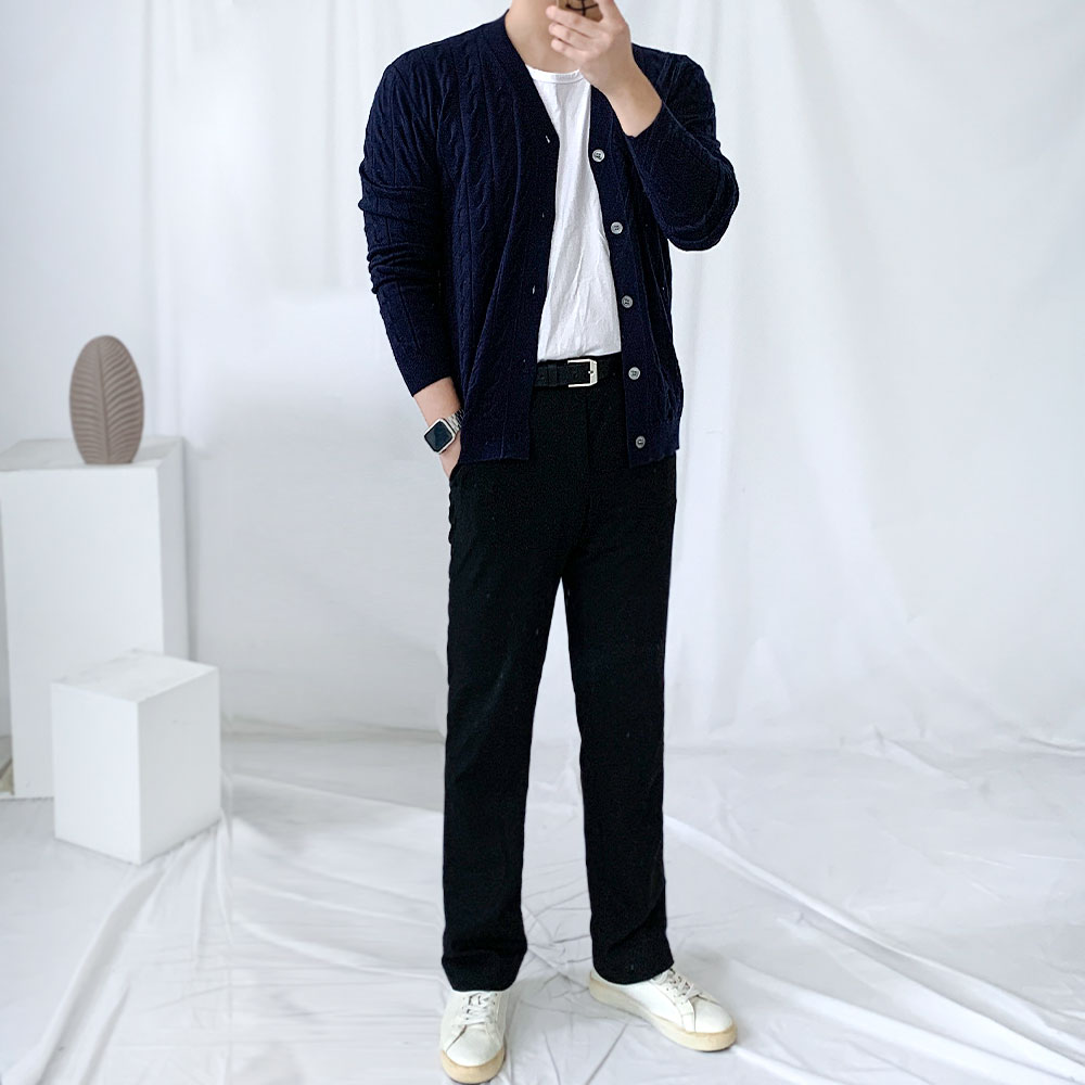 남자 올드머니룩 꽈배기 브이넥 가디건