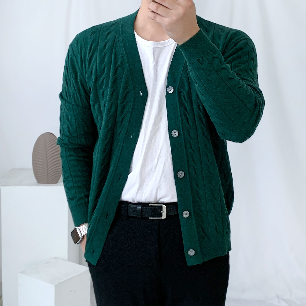 남자 올드머니룩 꽈배기 브이넥 가디건