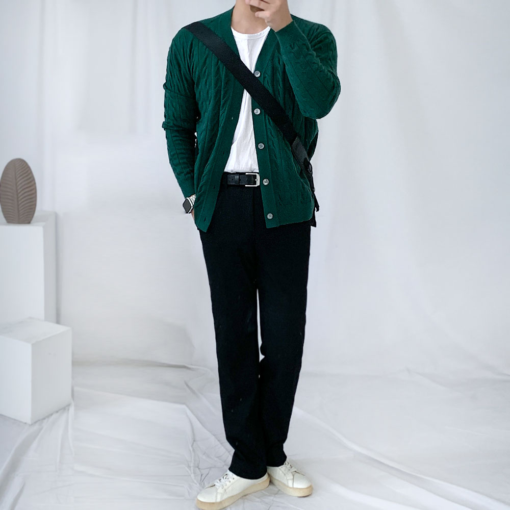 남자 올드머니룩 꽈배기 브이넥 가디건