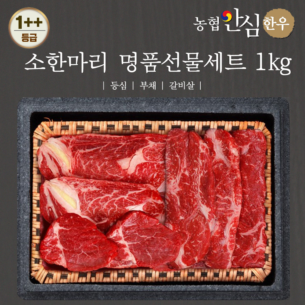 [농협안심한우] 소한마리 명품선물세트 1++등급 1kg (등심400g + 부채300g + 갈비살300g) + 부직포가방