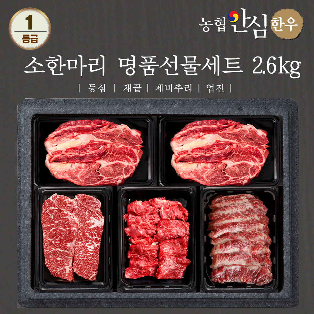 농협안심한우 소한마리 명품선물세트 1등급 2.6kg (등심400g + 등심400g + 채끝600g + 제비추리 600g + 업진 600g) + 부직포가방