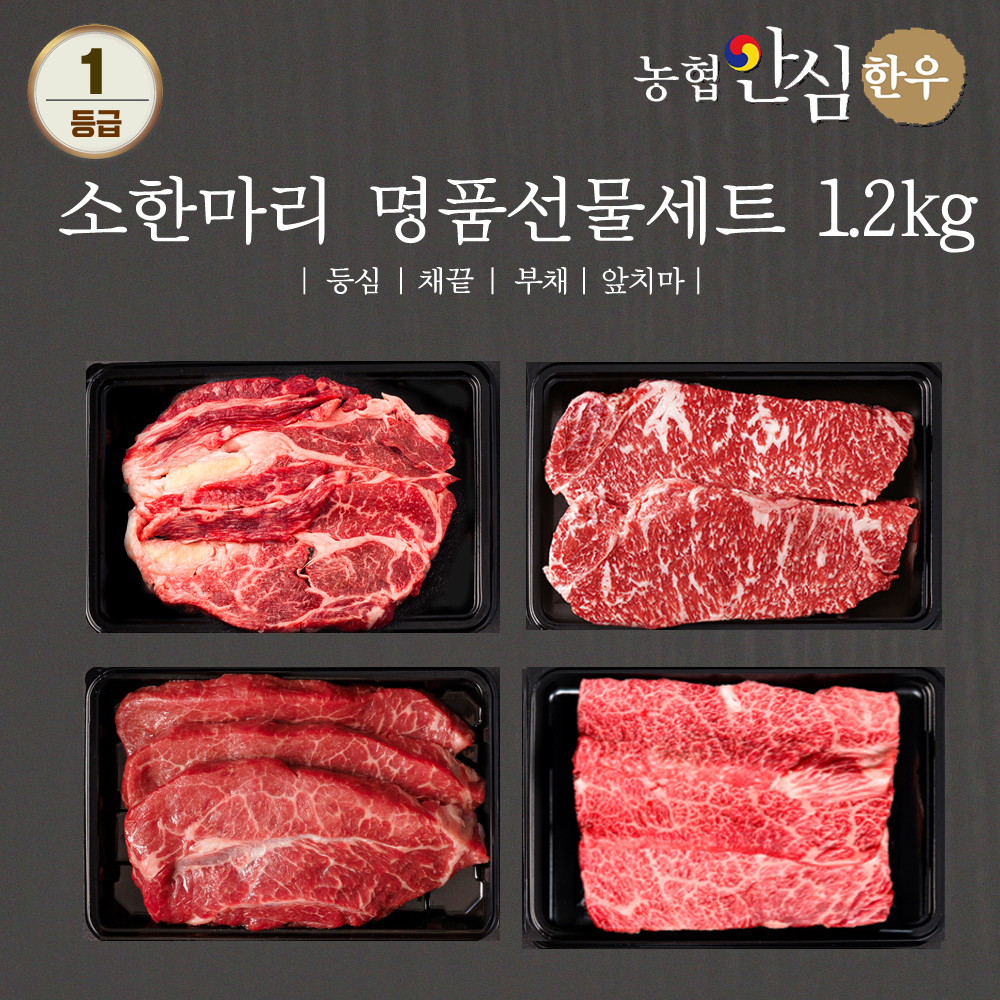농협안심한우 소한마리 명품선물세트 1등급 1.2kg (등심300g + 채끝300g + 부채300g + 앞치마살300g) + 부직포가방