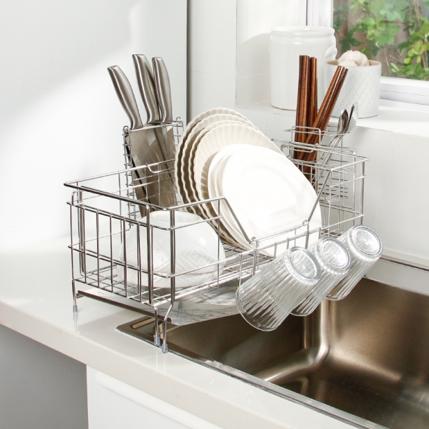 304스테인레스 폭조절 식기 건조대(수저통+칼꽂이+컵꽂이)