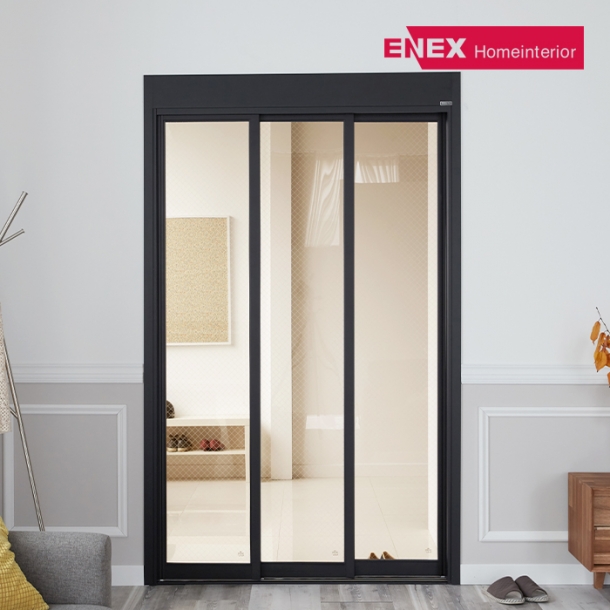 브론즈 인쇄망입 오픈형 슬림도어 3연동 아파트 현관중문 (1,100~1,500)