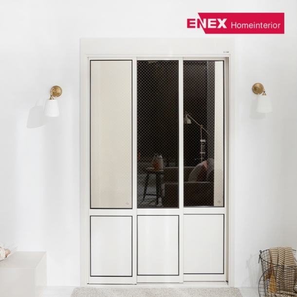 브론즈 인쇄망입유리 고시형 슬림도어 3연동 아파트 현관중문 (1,100~1,500)