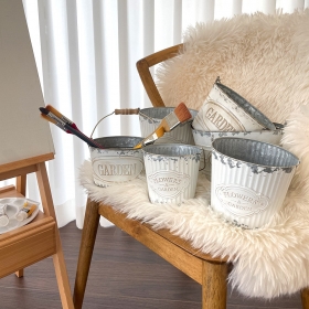 우드 손잡이 원형 양철통 빈티지 틴 바스켓 인테리어 소품 타원 물통 장식 화분 화병