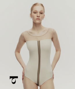 Typha - Curved V-Back Contrast Piping Mesh Leotard