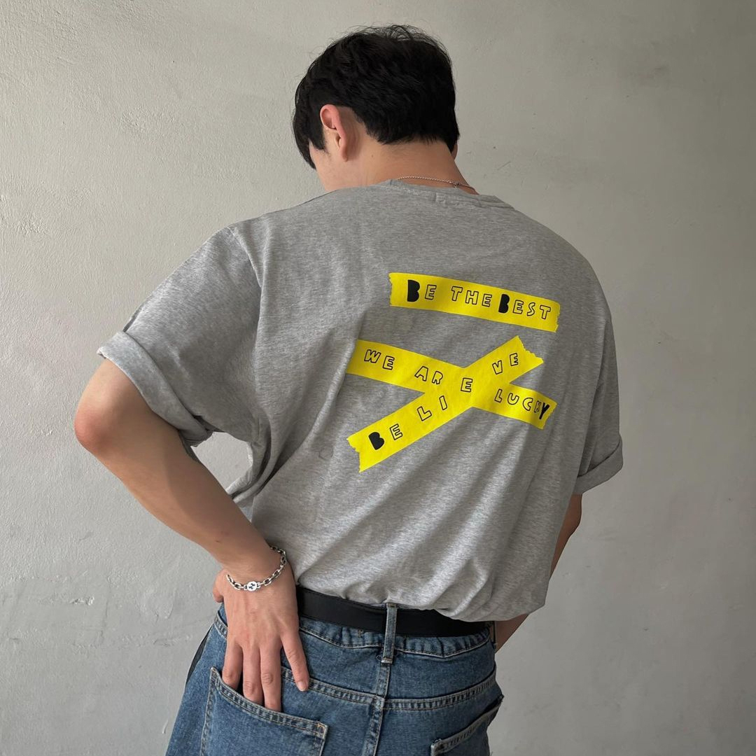[@y0nggari] Unisex Yellow Tape Over-fit T-shirt (Grey) | Karim Rashid