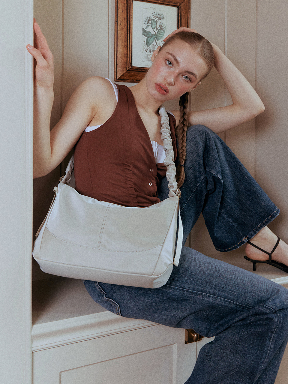 MONA Ruffle Medium Shoulder Bag (Beige)