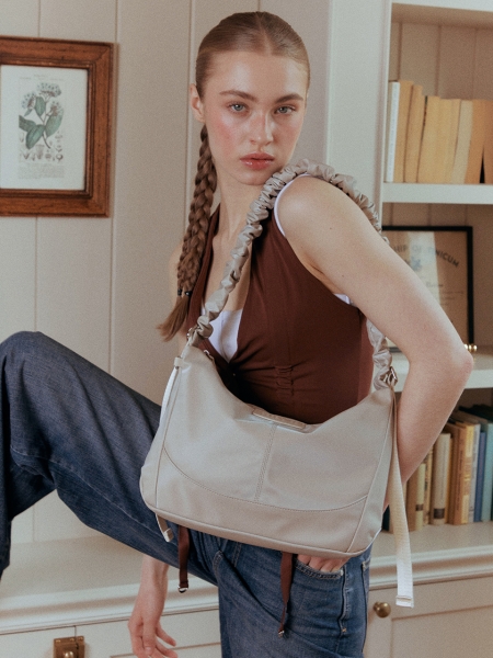 MONA Ruffle Medium Shoulder Bag (Beige)