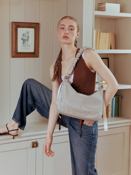 MONA Ruffle Medium Shoulder Bag (Beige)