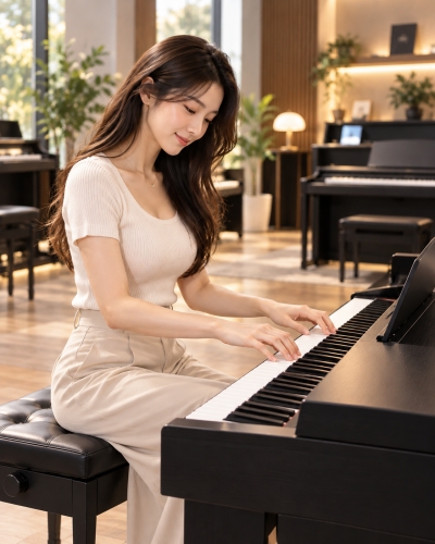 멘토뮤직 디지털 피아노 - 현대적인 피아노 쇼룸에서 디지털 피아노를 연주하는 여성
