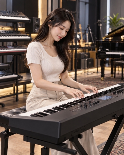 멘토뮤직 키보드 - 음악 스튜디오에서 전자 키보드를 연주하는 여성