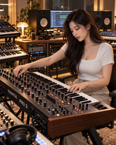 멘토뮤직 신디사이저 - 음악 프로덕션 스튜디오에서 신디사이저를 연주하는 여성
