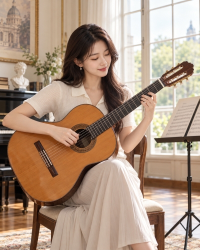 멘토뮤직 클래식기타 - 자연광이 들어오는 클래식 음악 연습실에서 기타를 연주하는 여성