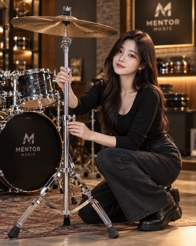 멘토뮤직 일자형 심벌 스탠드 - 여성 모델과 스트레이트 심벌 스탠드