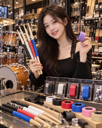 멘토뮤직 스틱랩 - 여성 모델과 다양한 컬러의 드럼 스틱랩