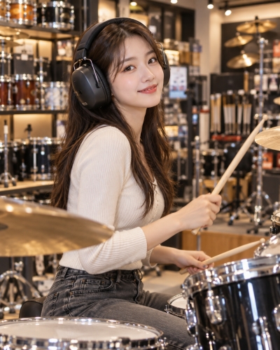 멘토뮤직 차음폰 - 드럼 연주용 차음 헤드폰을 착용한 여성 모델
