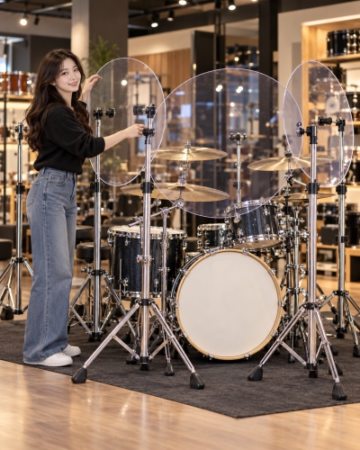 멘토뮤직 드럼 차음판 - 여성 모델과 투명 아크릴 드럼 쉴드