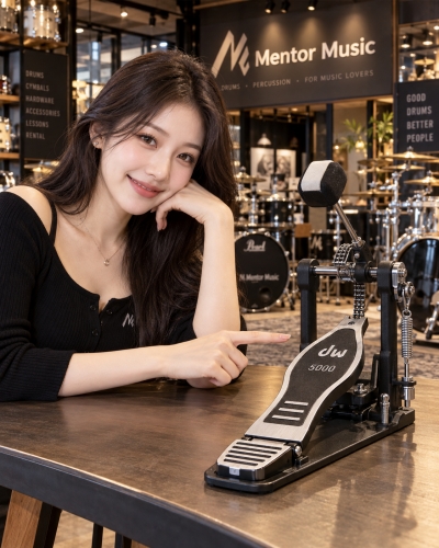 멘토뮤직 싱글페달 쇼룸 - 여성 모델과 베이스드럼 싱글페달
