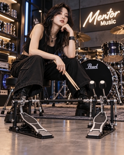 멘토뮤직 더블페달 - 여성 모델과 더블 베이스드럼 페달