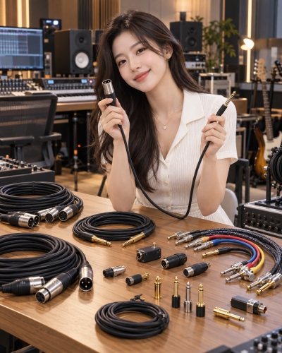 멘토뮤직 케이블과 젠더 - 다양한 오디오 케이블과 연결용 젠더를 소개하는 모습